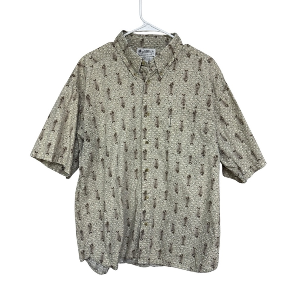 Columbia Fish Bones Beige Brown Short Sleeve Shirt Large